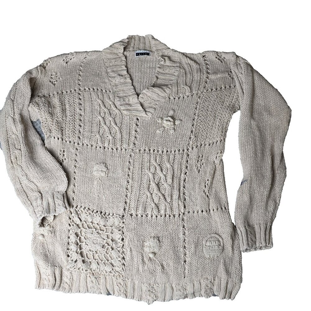 Vtg EXPRESS TRICOT Patchwork Cable Knit Sweater Tunic Cream Beige‎ Grannycore